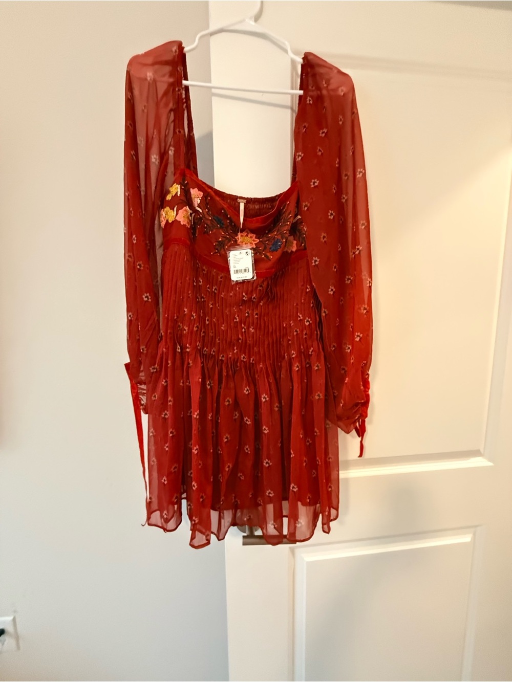 Free People Rust Red Floral Embroidered Smocked Mini Dress